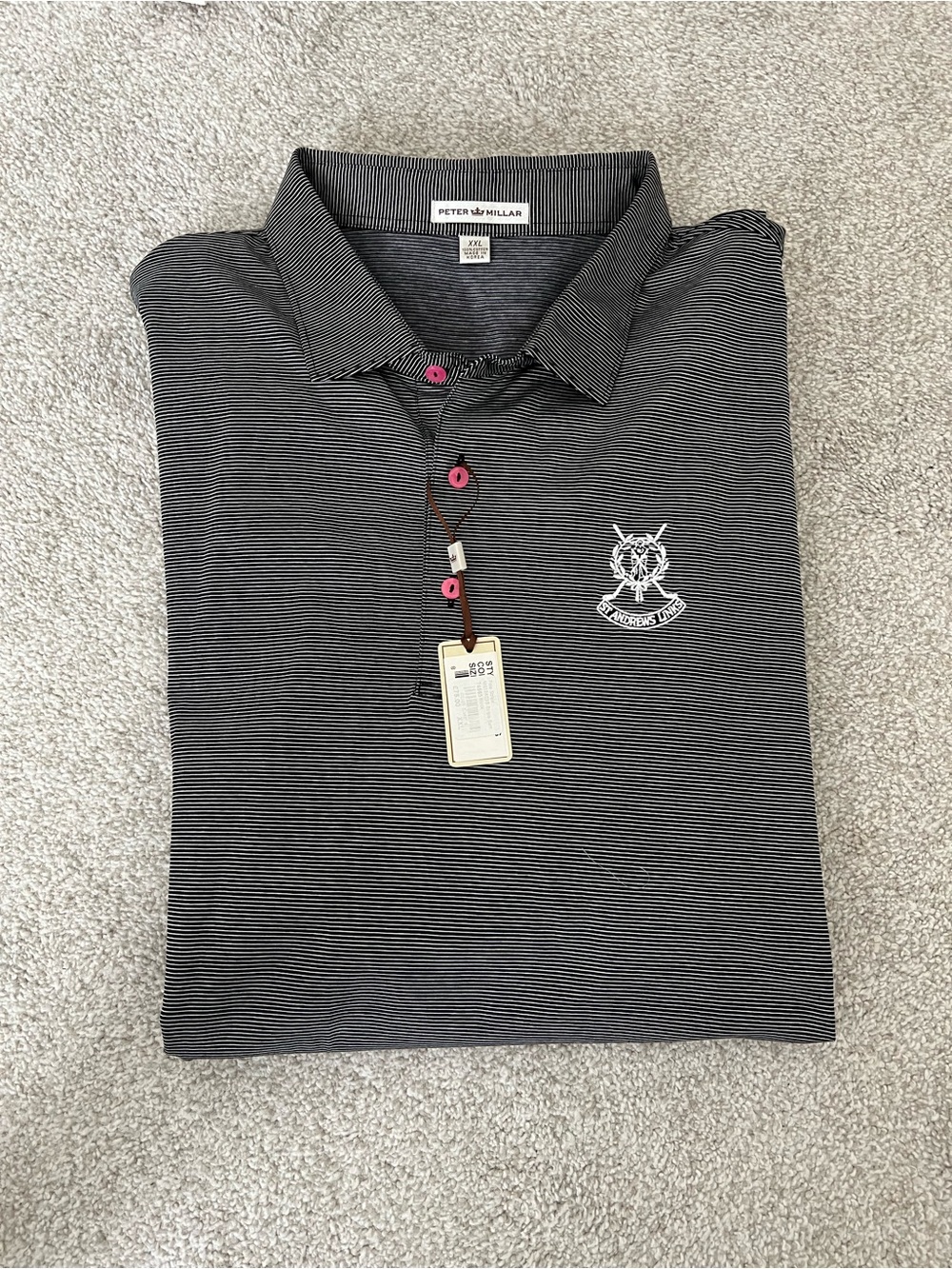 Peter Millar Black Micro-Striped Polo with Embroidered Crest
